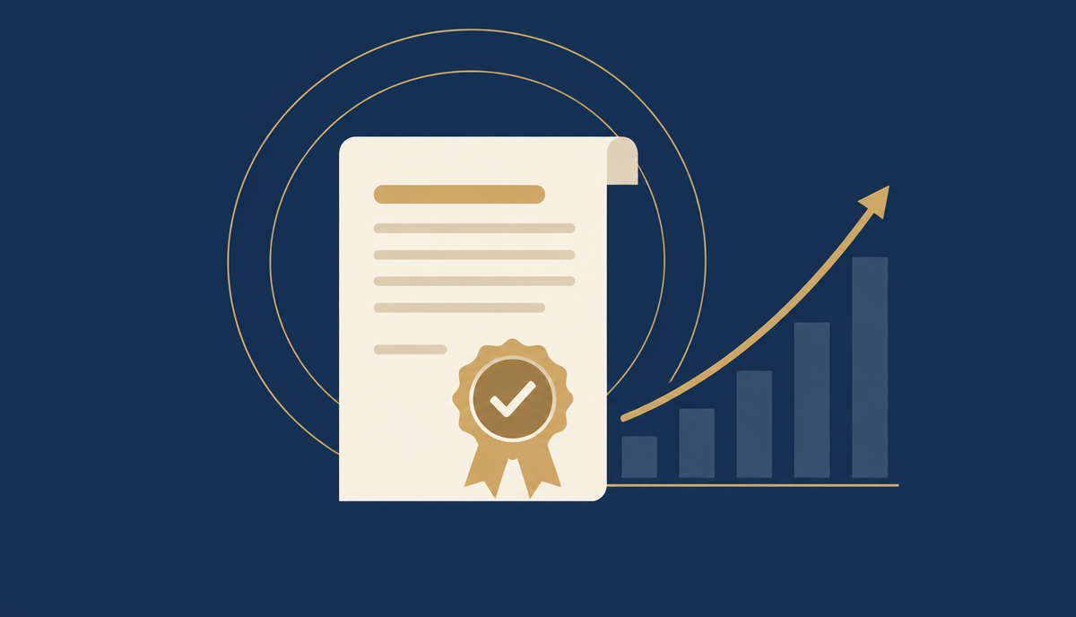 Illustration of a performance-based contract with a gold seal beside a rising chart